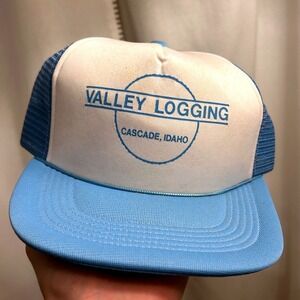 Vintage Valley Logging Cascade Idaho Trucker Hat White/Blue Foam Trucker Hat